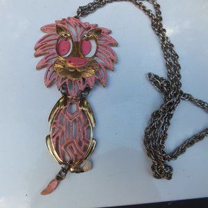 Large Pink Color Lion Pendant, Alloy with Moving Eyes, Signed Alan Jewelry
